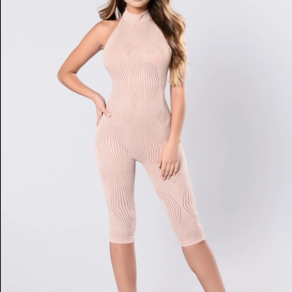 NEW WITH TAGS FASHIONOVA NUDE SHEER GEOMETRIC PATTERN JUMPSUIT - SIZE XS